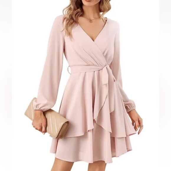 Altar'd State Dresses & Skirts - ALTAR’D State Wrap Dress Long Sleeve V-Neck Ruffled in Light Pink Women's Size S